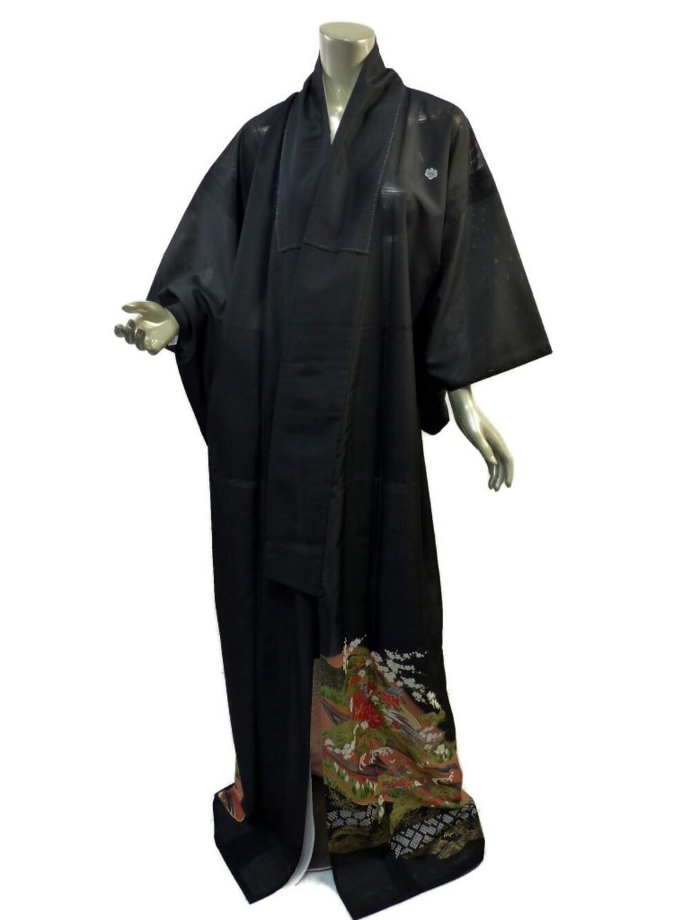 Mesh Houmongi Kimono Ro Style Swirling Flowers Cherry Blossoms Long Black